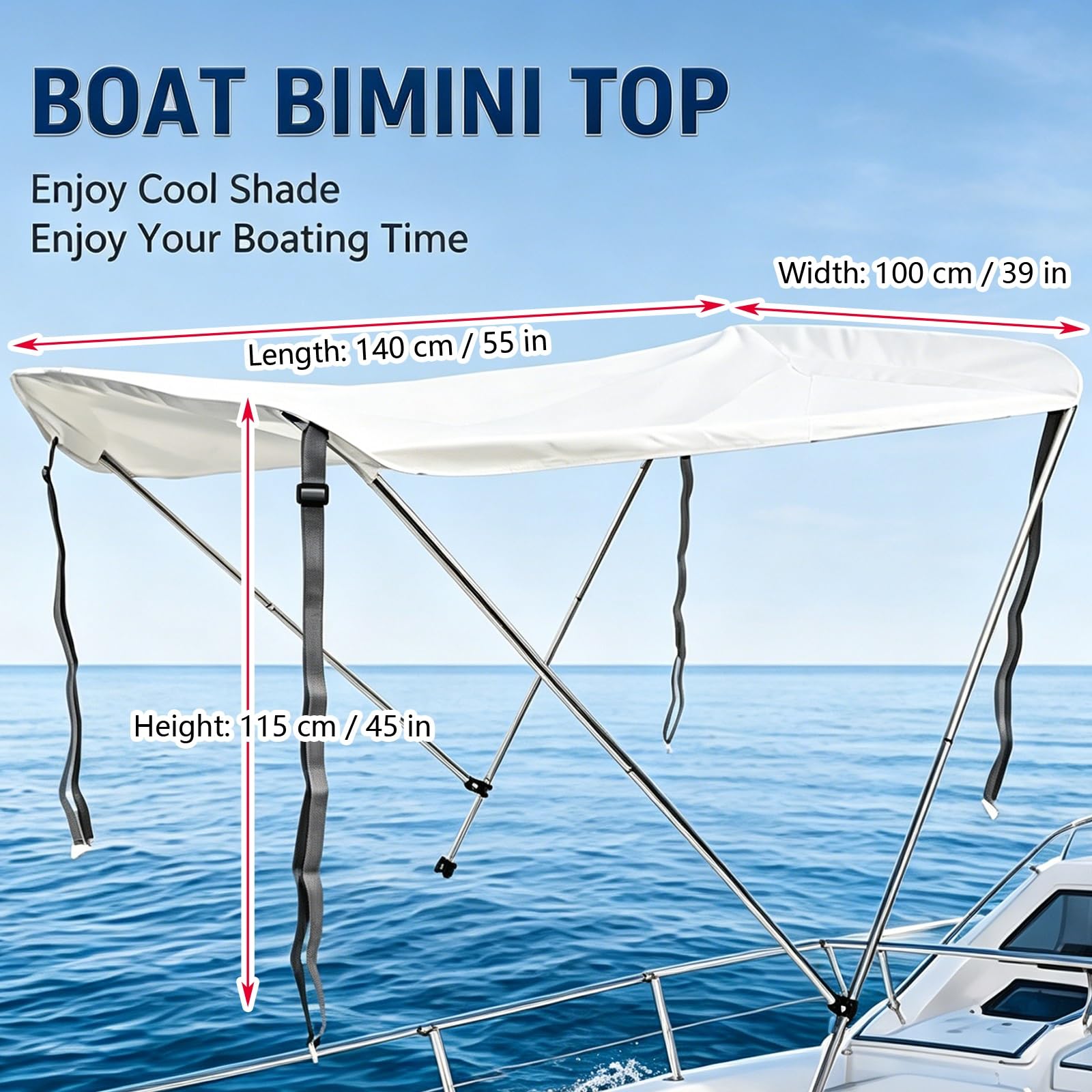 Tendalino Barca 2 Archi, Oxford 600D Idrorepellente, Telaio Alluminio con Giunti Inox, Pieghevole, Parasole per Pesca, Pontoni e Gommoni, 140 x 100 x 115 cm, Bianco