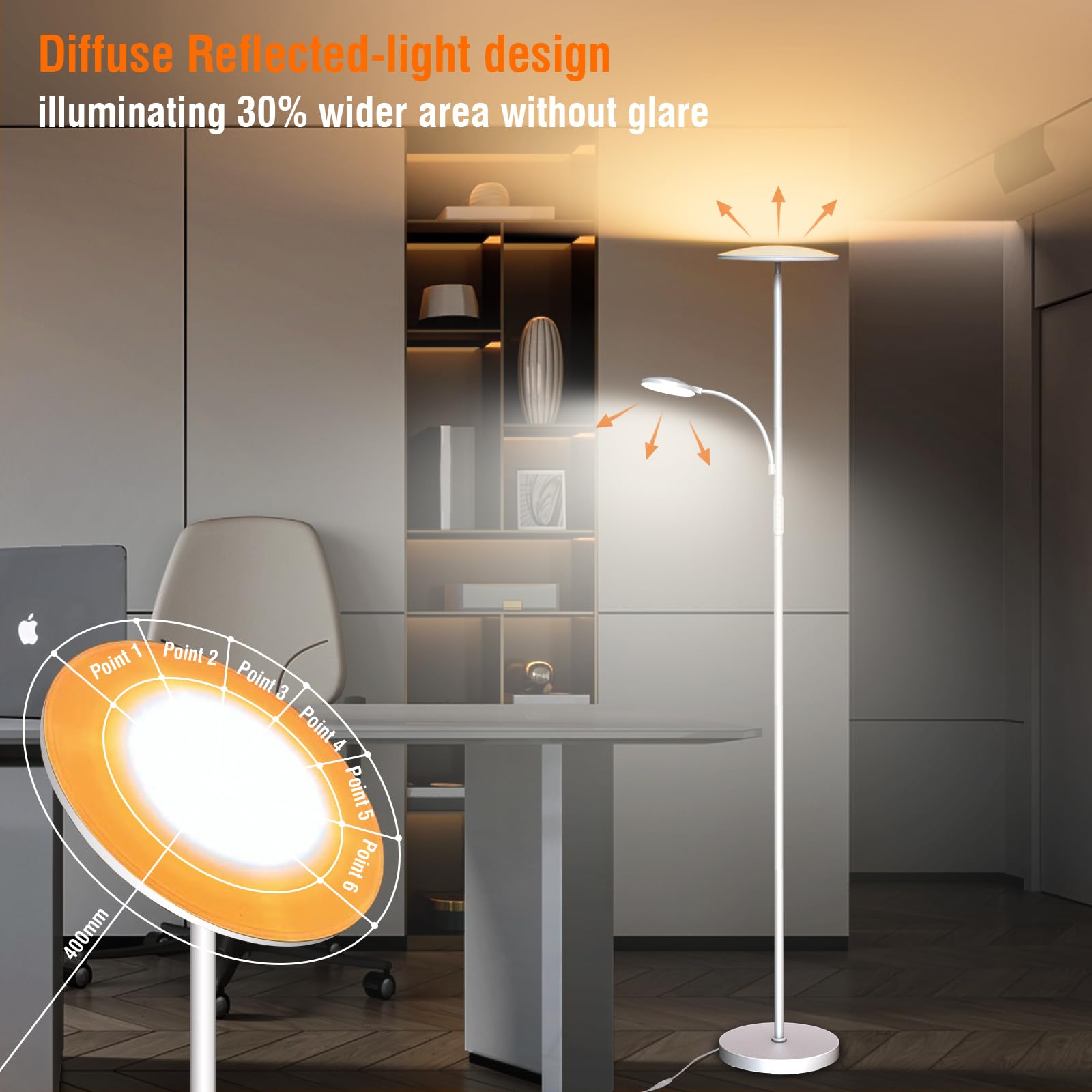 Weiß - Lampada da terra a LED, 44 W, 4500 lm, super luminosa, da soggiorno, dimmerabile, 2700 K-6500 K, da lettura, con telecomando e controllo tattile