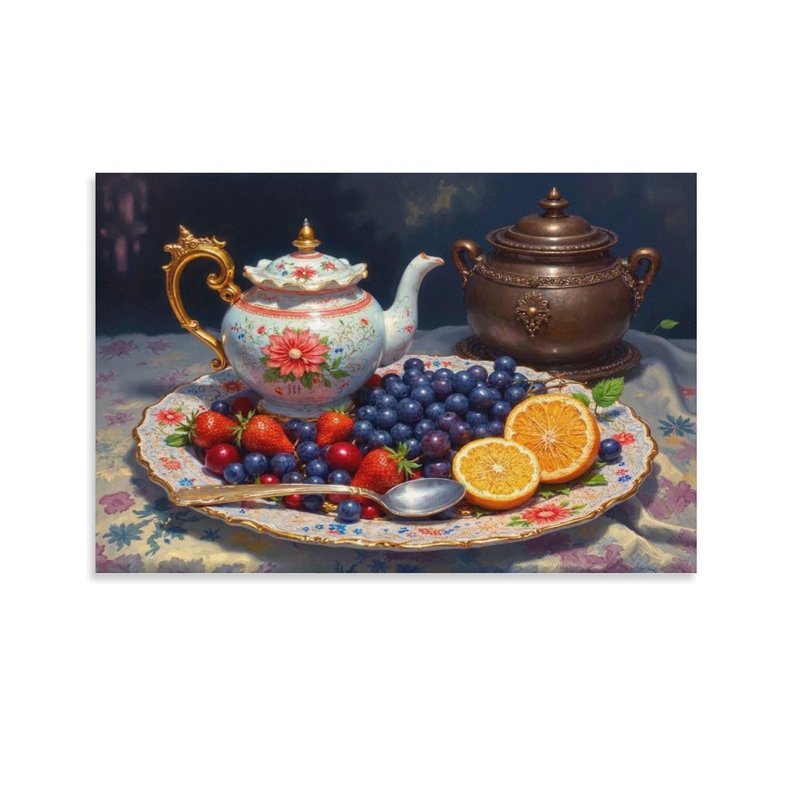CPLVKWRQJ Vintage Tea Set Still Life Individual Still Life with Tea And Fruits Canvas Print - Office Wall Art Fade Resistant Statement Piece Ready to Hang 20x30inch(50x75cm)