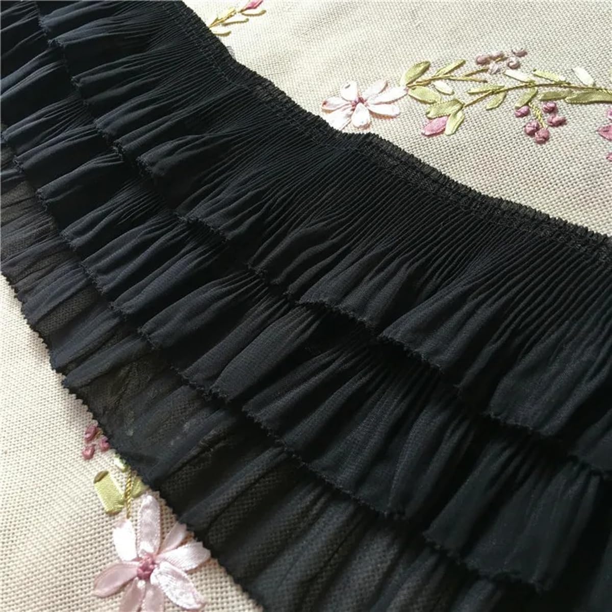 12cm/4.72in Wide 3-Layer Pleated Ruffle Trim, 1yard Luxury Chiffon Ruffle Trim for Clothing Sewing, Wedding Dress - Black