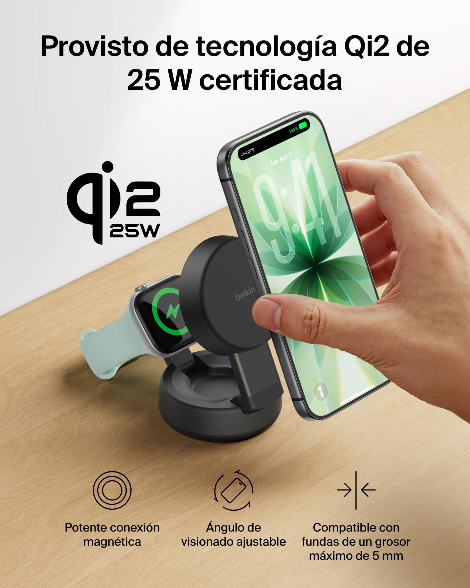 Belkin UltraCharge Pro Cargador Inalámbrico Magnético 2 en 1 Qi2 25W Carbón | Convertible, Estación Magnética Carga Inalámbrica MagSafe, Certificación Qi2.2, iPhone, Apple Watch y Cascos, Adaptador 45W