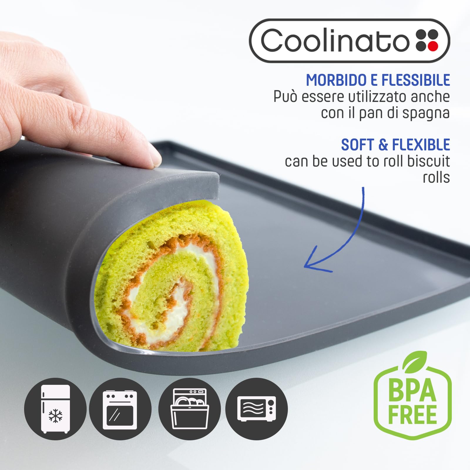Coolinato - Set di 2 tappetini forno silicone con bordo grigio - Base in silicone platinico ribordata anti-sgocciolamento 36,5x27x1cm resistente al forno fino a 230°C e antiaderente incl. 4 ricette