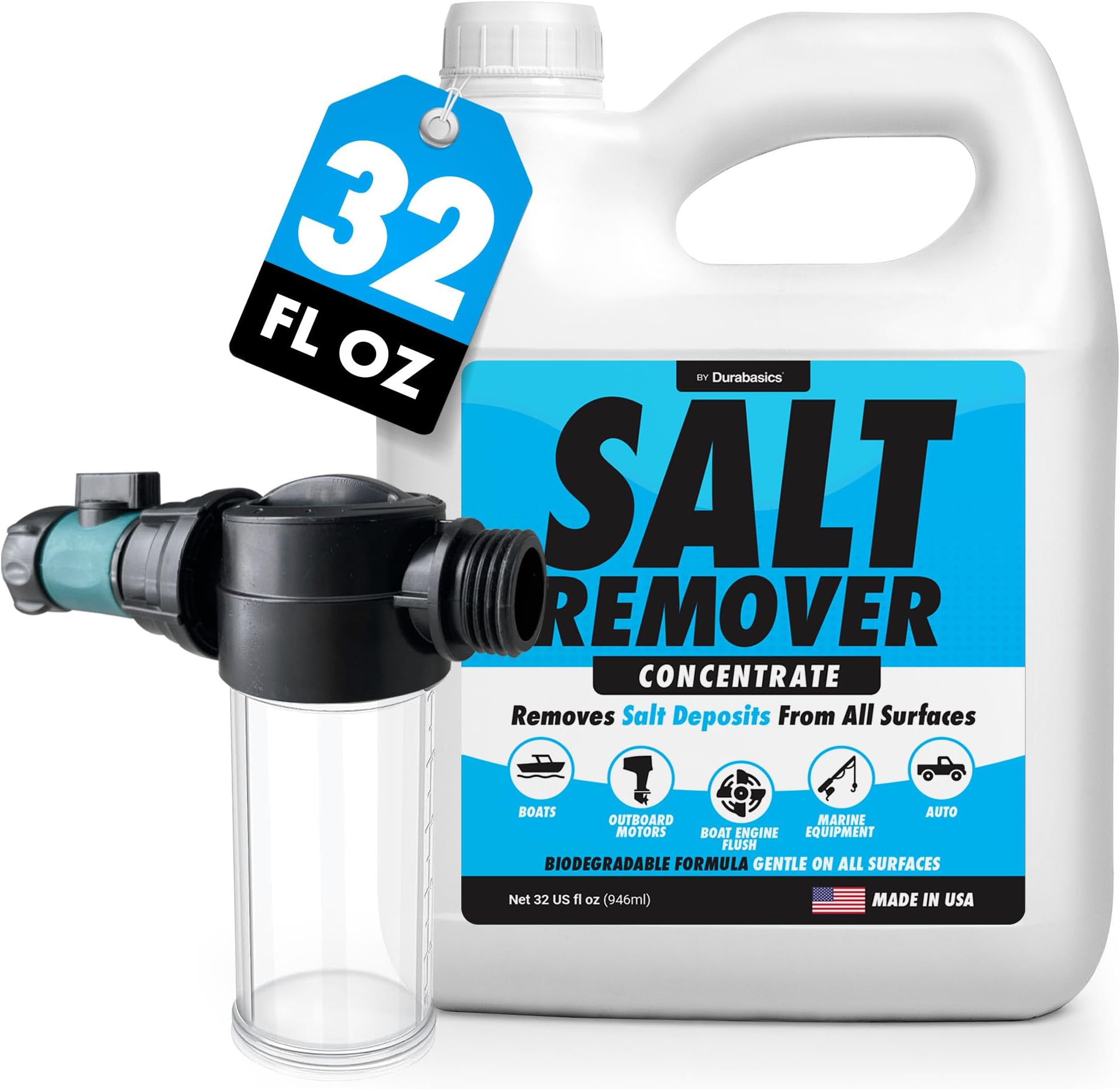 Durabasics Salt Remover Concentrate Kit - Ultimate Boat Salt Remover for Boats & Marine Engine Flush - 32 OZ with Hose Applicator - Perfect for Outboard Motor Flush & Washing Salt Deposits Away
