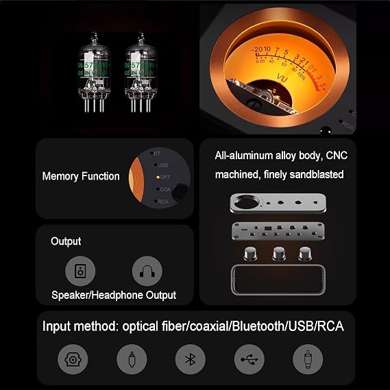 Tube Integrated Amplifier, 2 Channel Audio Stereo Power Amp with DAC, VU Meter Preamp with Bluetooth and USB/OPT/COAX/RCA, for HiFi Bookshelf Speakers/3.5mm Headphones