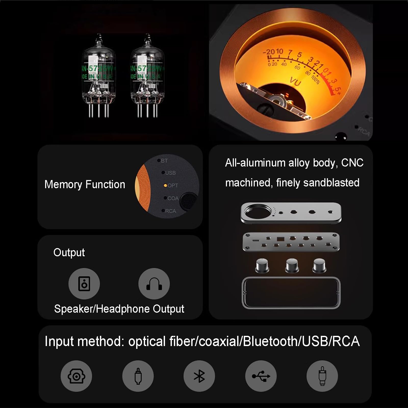 Zintegrowany wzmacniacz lampowy, 2-kanałowy wzmacniacz audio stereo, z przetwornikiem DAC, przedwzmacniaczem miernika VU z Bluetooth i USB/OPT/COAX/RCA, do głośników półkowych HiFi