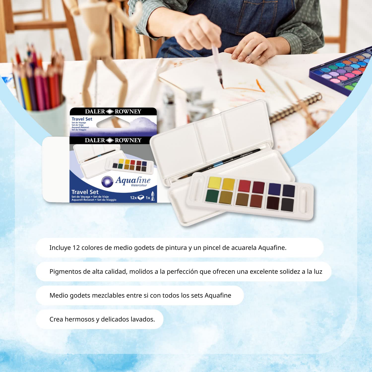 Pack Bloc Canson XL Aquarelle A4 con 30 Hojas, Acuarelas 12 Aquafine Travel Set Daler Rowney y 3 Pinceles Redondos. Set Completo de Acuarela Profesional para Todas las Edades - Ofituria