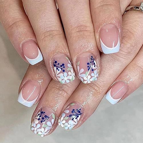 Miniatura 8 de MISUD Uñas postizas cuadradas cortas de verano, uñas acrílicas de punta francesa coloridas, uñas acrílicas brillantes con pegamento en uñas postizas