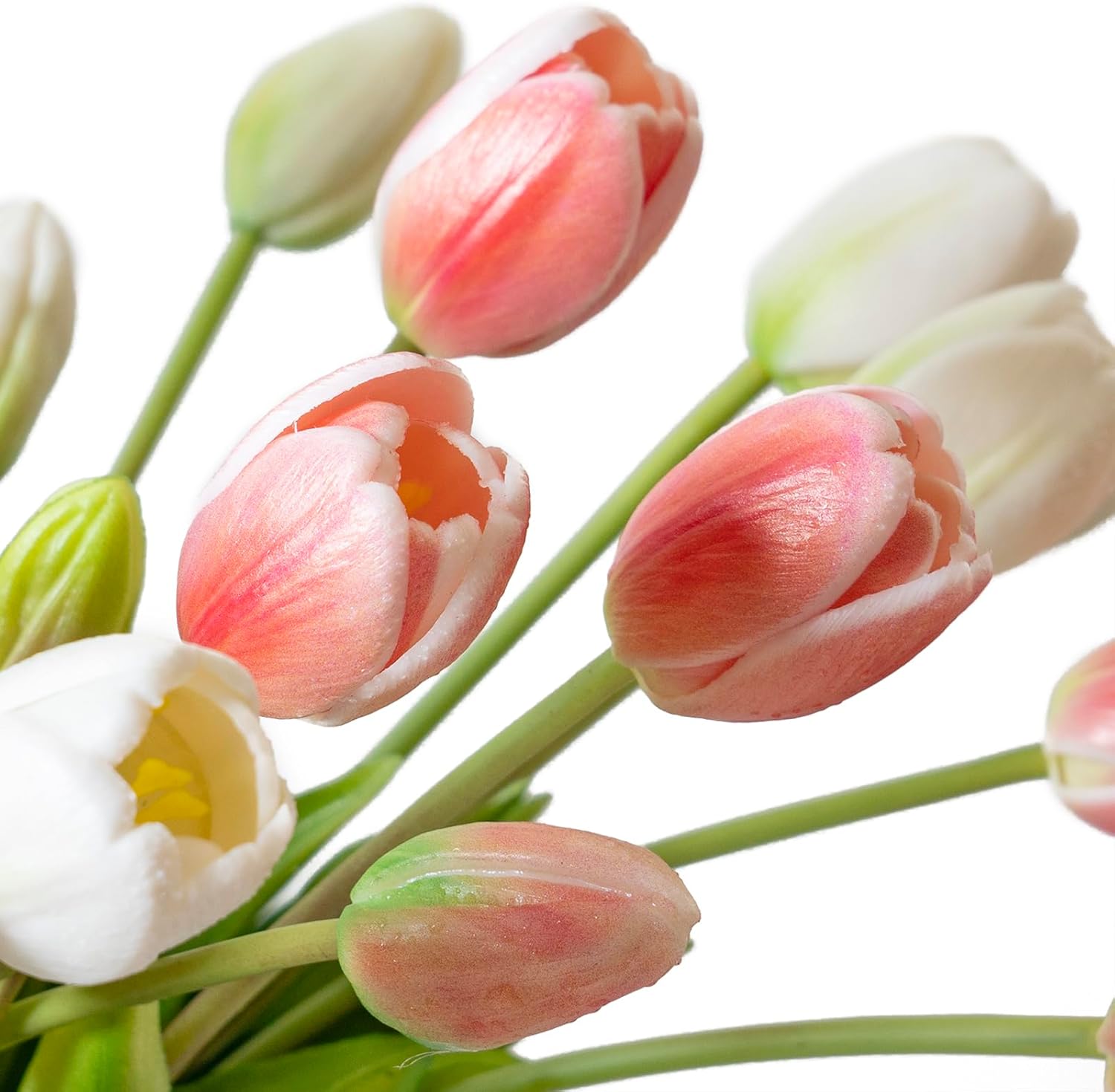 DUYONE 40pcs Artificial Tulips Flowers, Latex Bouquet, Fake Tulips for Office Wedding Party Home Kitchen Garden Decoration-B Coral Pink Suit