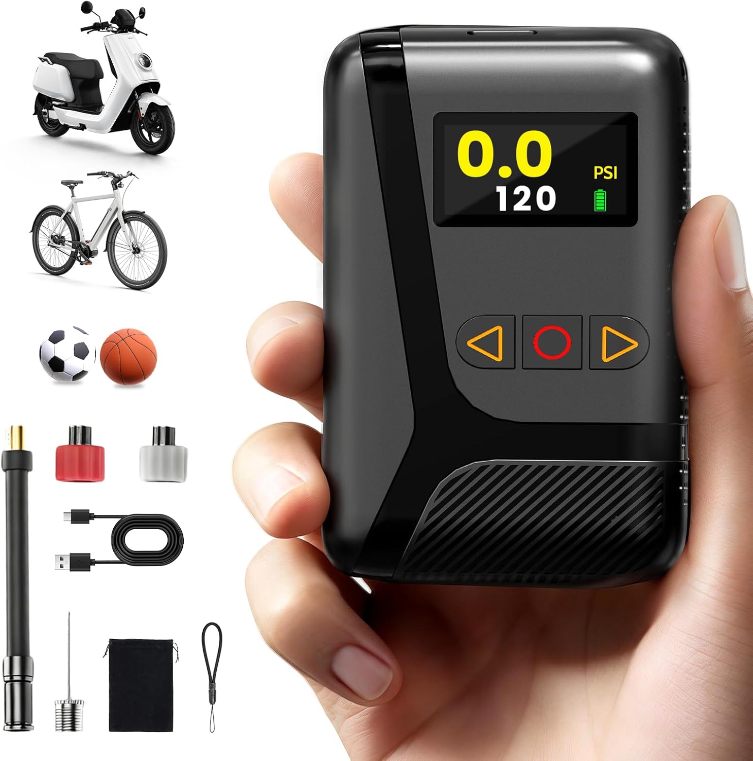Mini Bike Pump, Fast Inflate Electric Bicycle Pump with Digital Gauge, 120PSI Portable Air Pump with Presta and Schrader Valve, Suitable for Road Bike, Mountain Bike, E-Bike, Motorcycle & Sports Ball