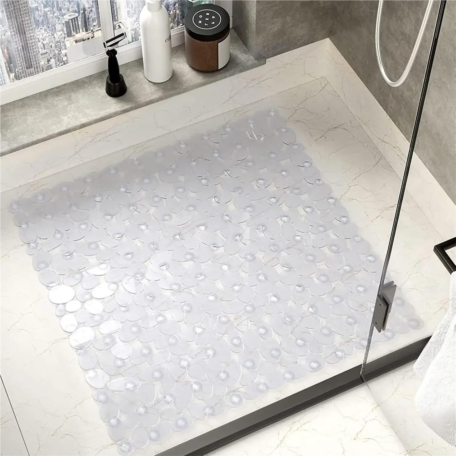 Tappeto Antiscivolo Vasca Tappetino doccia in PVC trasparente 20,5x21" | Ventose potenti e fori di drenaggio rapido antiscivolo(Black)
