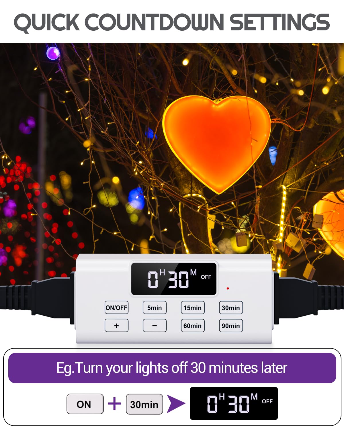 NEARPOW Indoor Dimmer Plug For String Lights – Remote Control, 99-Hr Countdown, 100ft Range, LCD Screen, 10 Brightness Levels