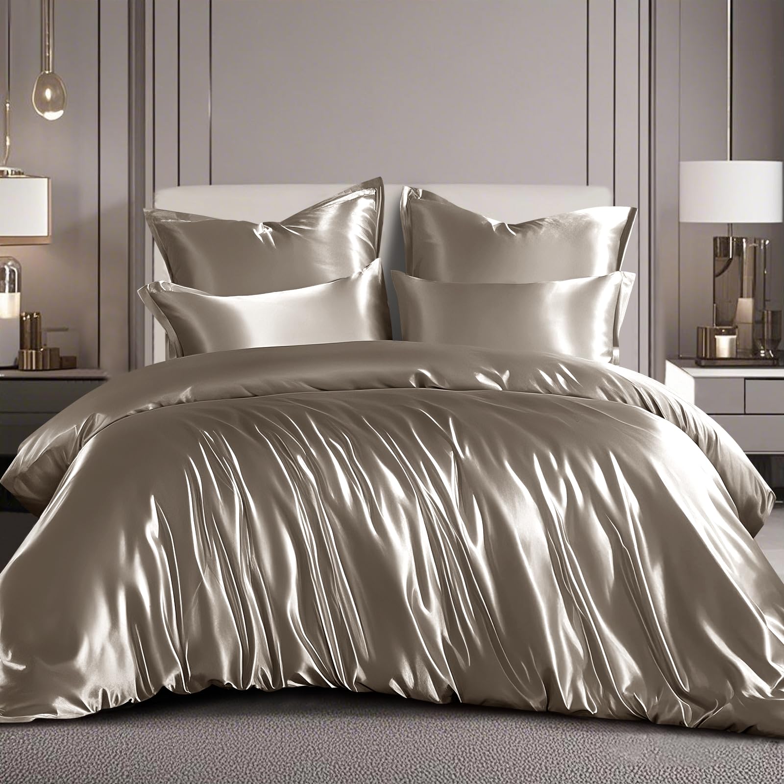 RUIKASI Satin Bedding Set Single Bed - Silky Duvet Cover Set for Hair and Skin, 2 Piece Duvet Set Quilt Cover with Pillowcase, 135x200cm Taupe