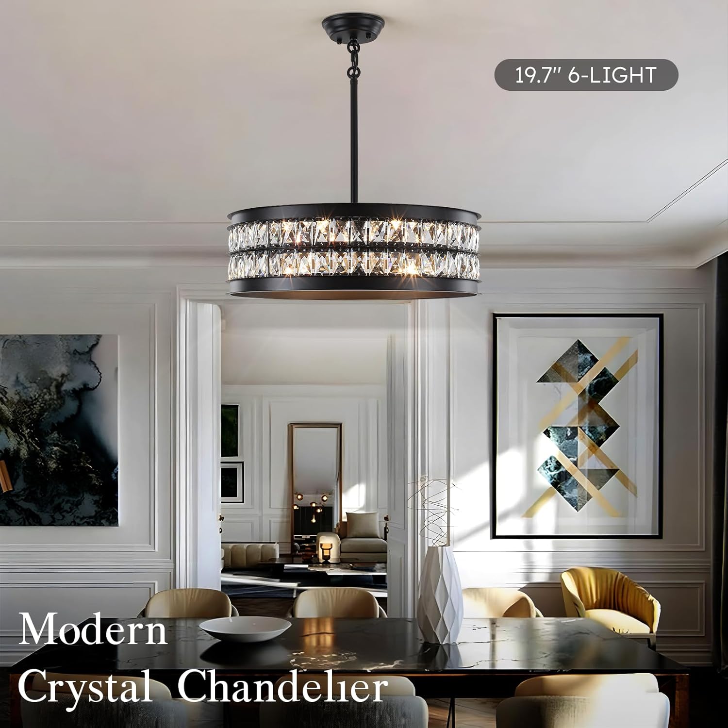 Black Crystal Chandelier, 6-Light Large Glass Chandeliers for Dining Room with Adjustable Hanging Chain, 20" Modern Crystal Pendant Light Fixtures for Kitchen Entryway Living Room Bedroom