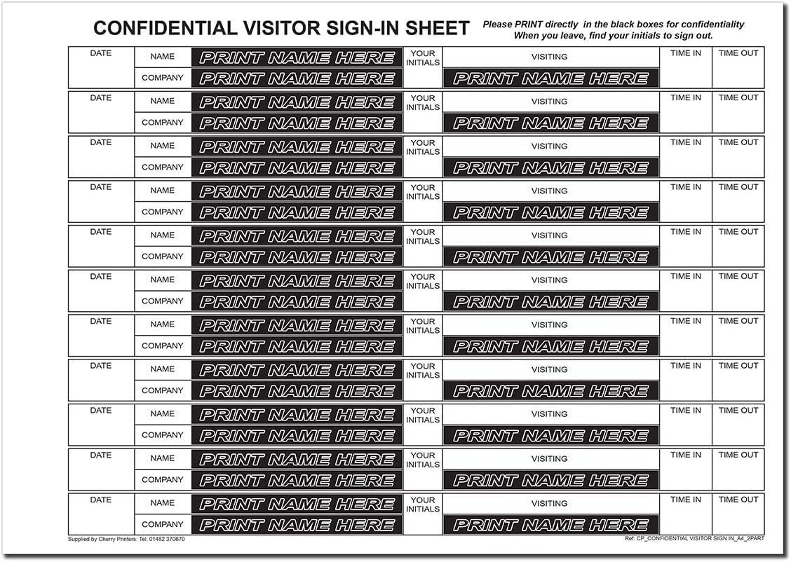 Cherry Printers | NCR Confidential Visitor Sign in Duplicate | Pack of 5 Refill Packs | A4 50 Sets per Pack 250 Sets Total | for Binder