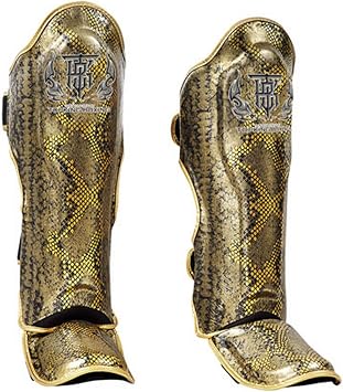 TOP KING Boxing Muay Thai Shin Guards Protector Protection Snake - Black/Gold, L,Large