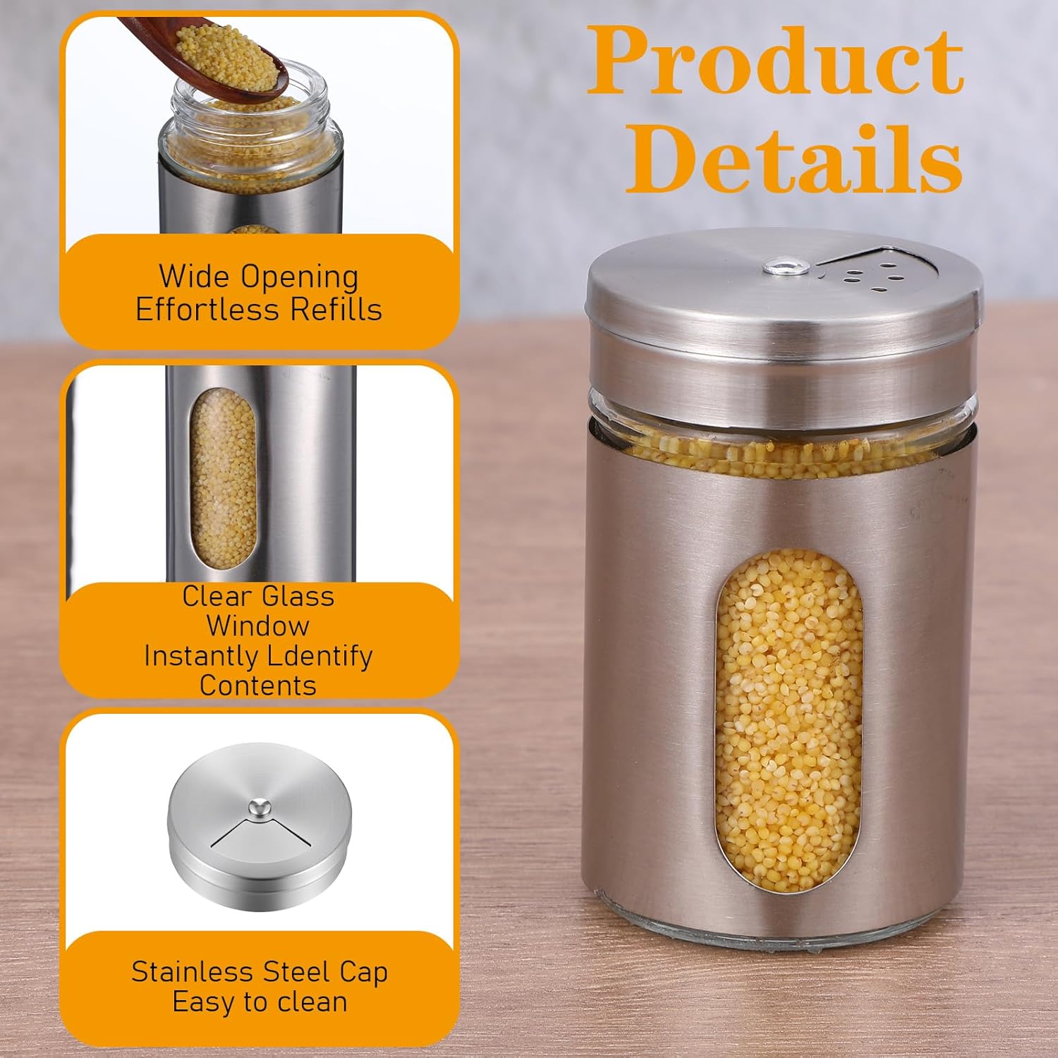 24 Pcs Stainless Steel Spice Jars with Shaker Lids, Seasoning Jars with Adjustable Pour Holes and Glass Window, Empty Spice Bottles for Kitchen Salt Pepper Sugar Seasonings (3.4oz)