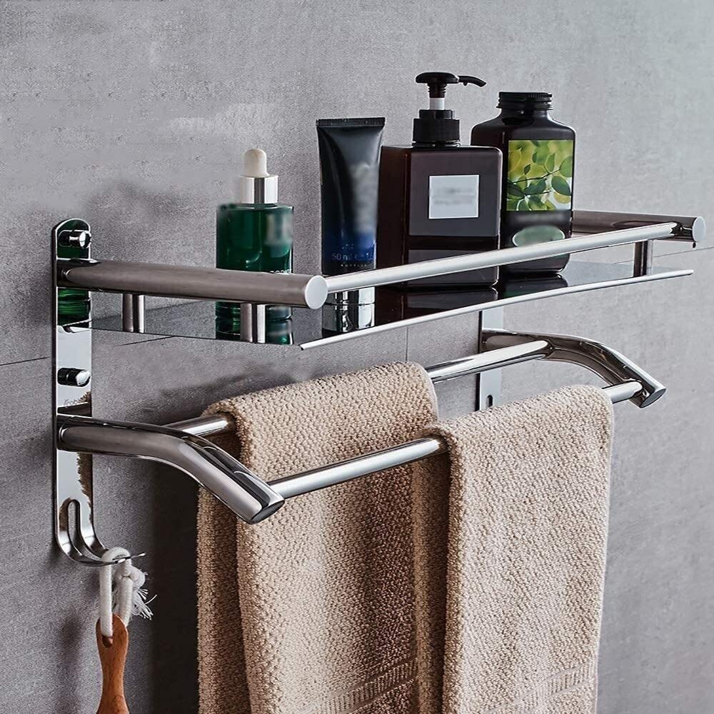 USZWBY Shower Shelf Single-Layer Punch-Free Wall-Mounted Glass Shelf Shower Caddy Storage Basket with Towel Bar Wall Mounted 61