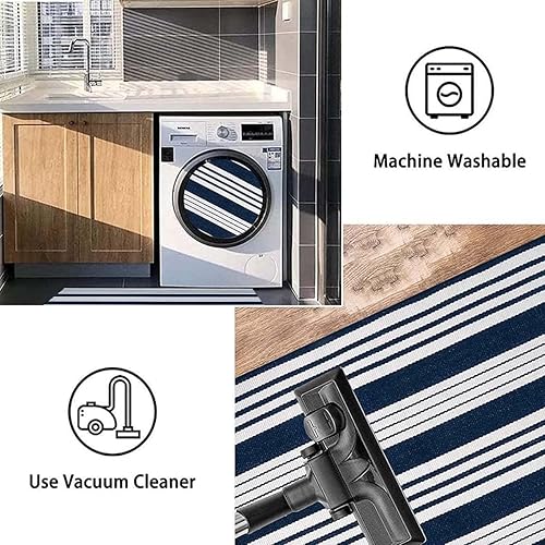 Miniatura 3 de BUAGETUP Alfombra de patio al aire libre a rayas azules y blancas de 4 x 6 pies, alfombra de algodón tejida a mano para patio, alfombra de porche