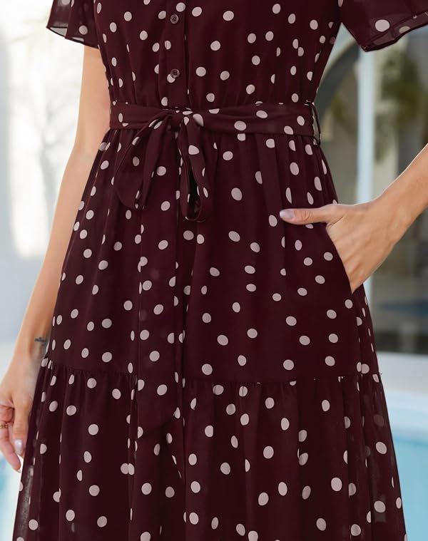 Annebouti Maxi Spring Summer Wedding Guest Dresses for Women 2026 Boho Chiffon Button Up A Line Casual Beach Vacation Party Long Dress with Pockets Dark Red Polka Dot L by Annebouti - Used condition - Image 5
