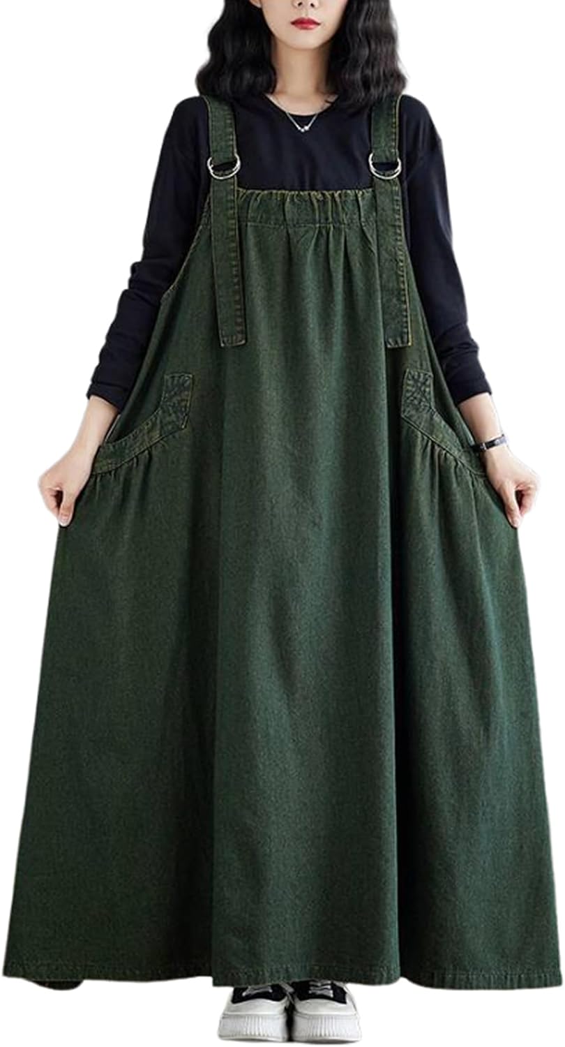 Rothstone Women's Casual Loose Denim Dress Sleeveless Adjustable Straps Denim Jumper Dress with Pockets