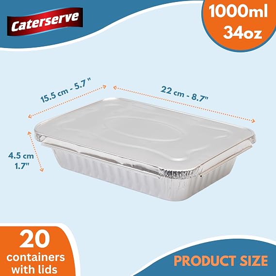 Disposable Aluminum Foil Trays Containers with Foil Lids 1000ml. Great for Baking Food Storage Takeaway Tin Pack of 20