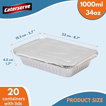 Disposable Aluminum Foil Trays Containers with Foil Lids 1000ml. Great for Baking Food Storage Takeaway Tin Pack of 20