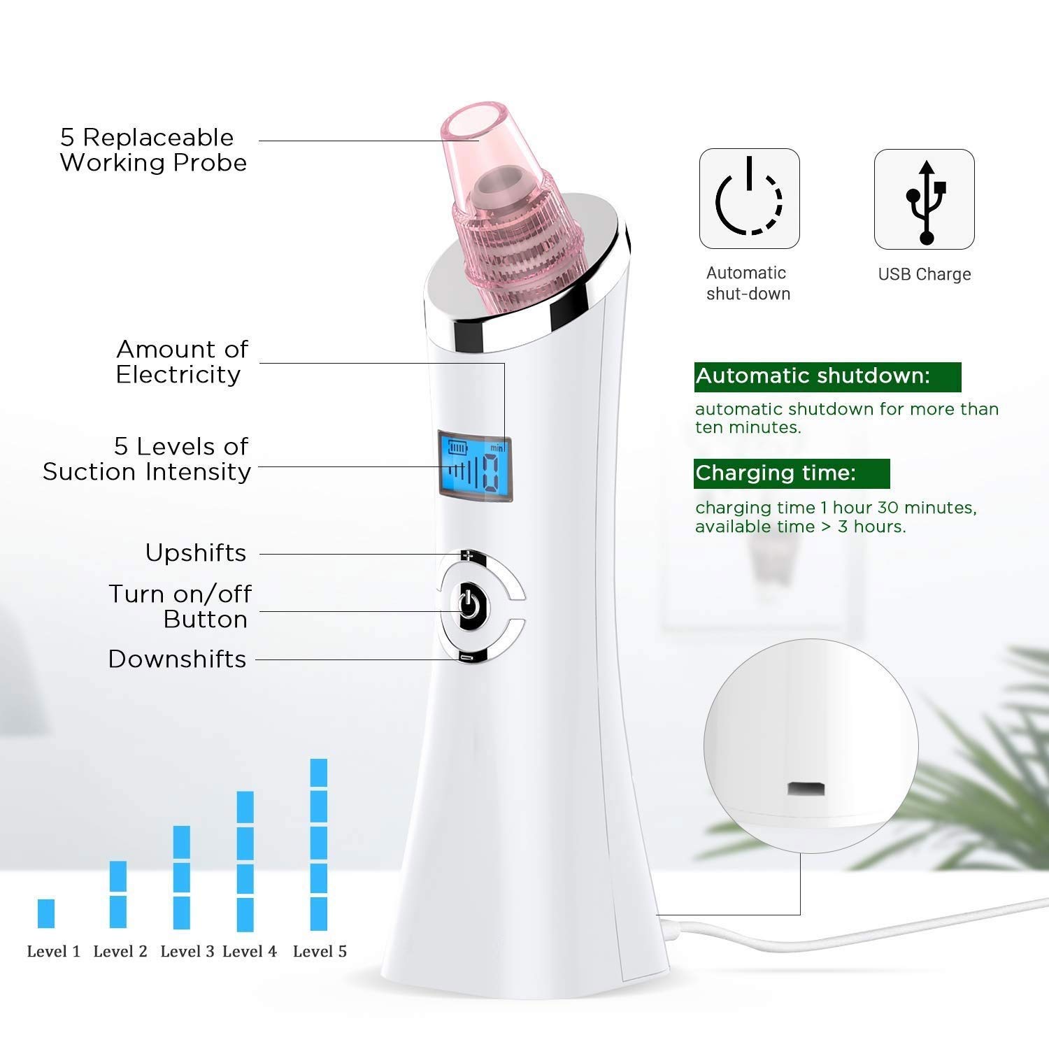 Removedor Blackhead Vacuum Professional PORUS Cleadera de vacío Acne Extractor USB Recargable LED Pantalla 5 Modos 5 Sondas reemplazables