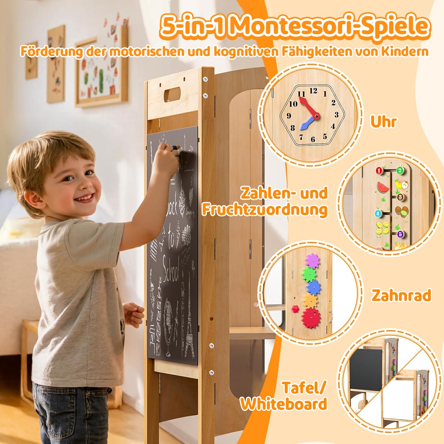 Pieghevole Torre di Apprendimento, Torre Montessori per bambini con Lavagna, Tabellone dei Giocattoli, 100% Betulla Naturale, 360° Rete di Sicurezza, Protezione Antiribaltamento, Assemblato