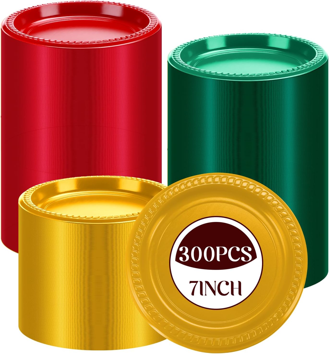 Mumufy 300 Pcs Christmas Plastic Plates 7 Inch Red Green Gold Round Solid Color Disposable Dinner and Dessert Plates for Christmas Cake Picnics Holiday Party