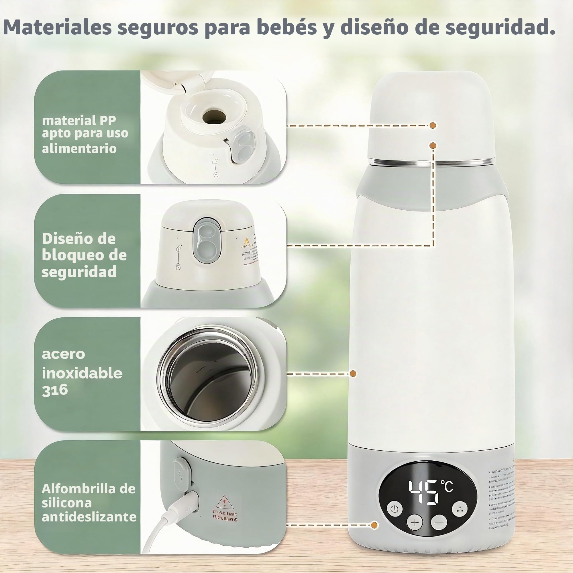 Calienta Biberones Portátil Sin Cables - Batería 12000mAh y 500ml - Calentador de Biberones Rápido (2 min) para Leche Materna y Agua - Termo Bebé Líquido con Bloqueo Seguridad - Calentador de Viaje