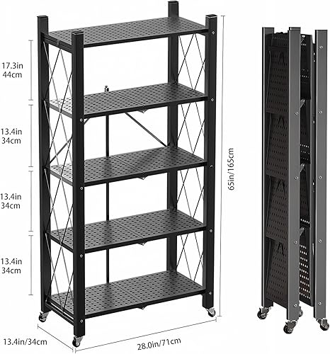 Miniatura 2 de JOYBOS Estantes de almacenamiento plegables de 5 niveles con ruedas, unidad de almacenamiento de metal resistente, estante utilitario sin montaje,