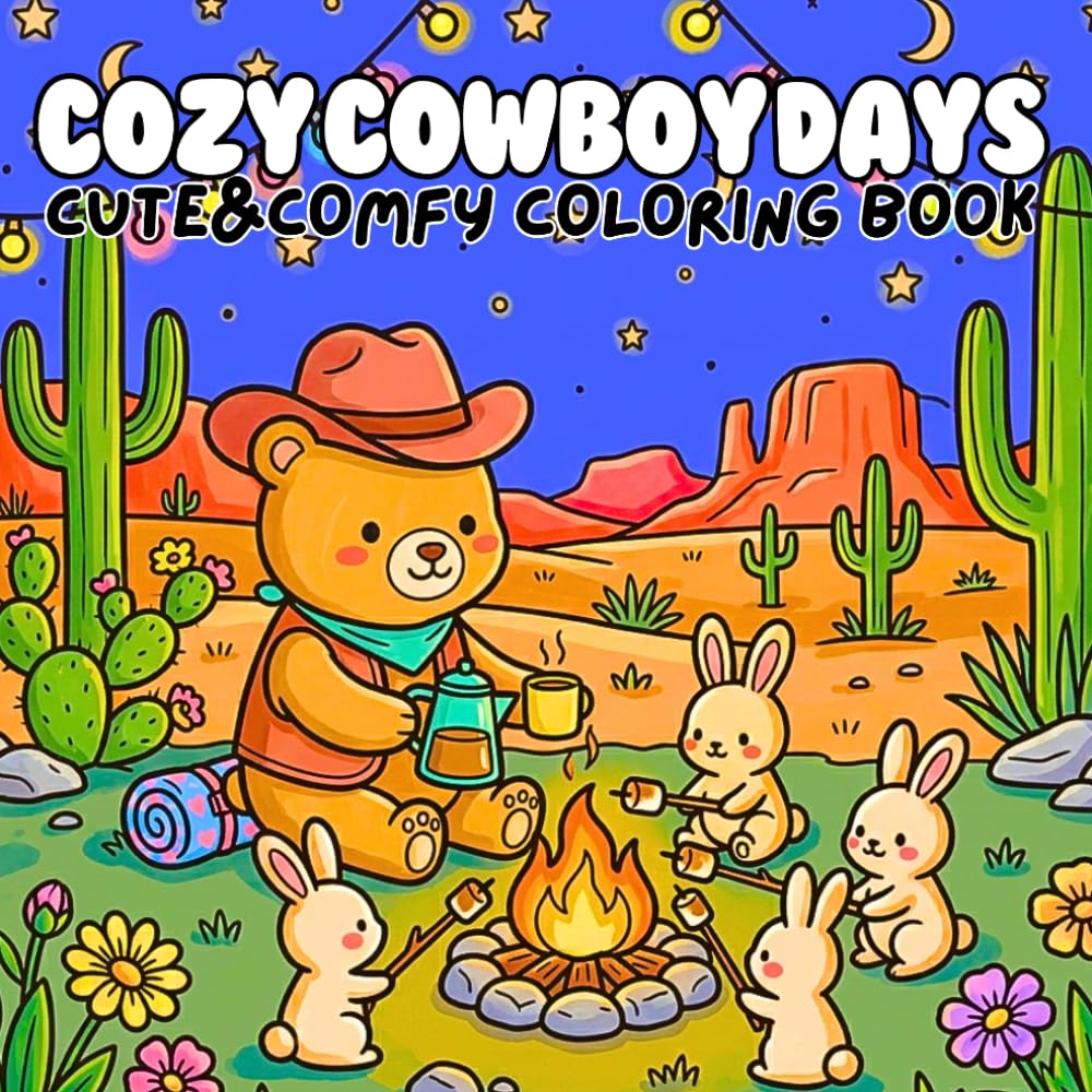 Cozy Cowboy Days Cute & Comfy Coloring Book: Kawaii Western Campfires Ranch Animals and Relaxing Wild West Moments for Stress Relief and Fun
