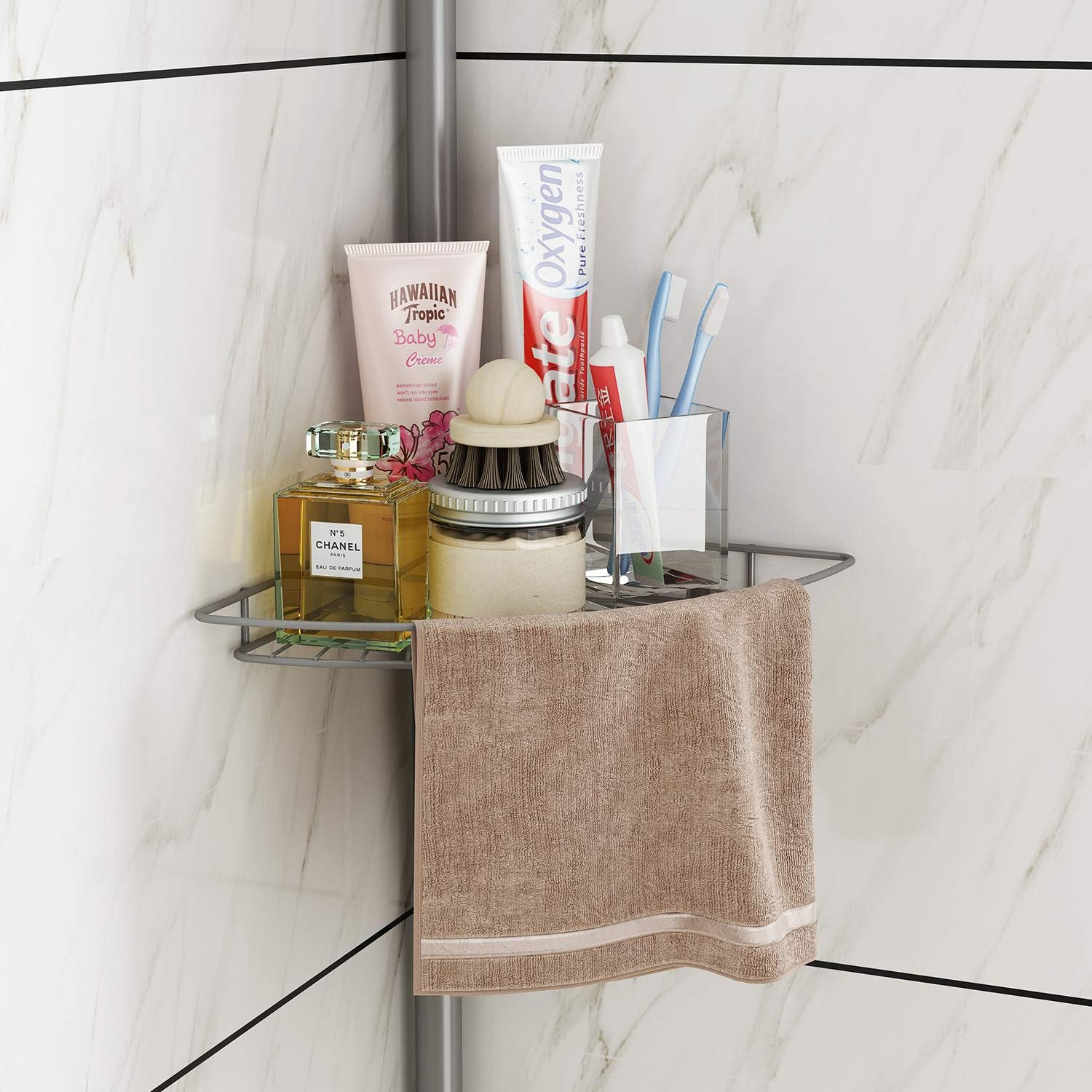 AIYAKA Tension Corner Shower Pole Caddy,Strong and Sturdy,4 Adjustable Trays, Bathroom Storage Organizer for Toilet(Silver)