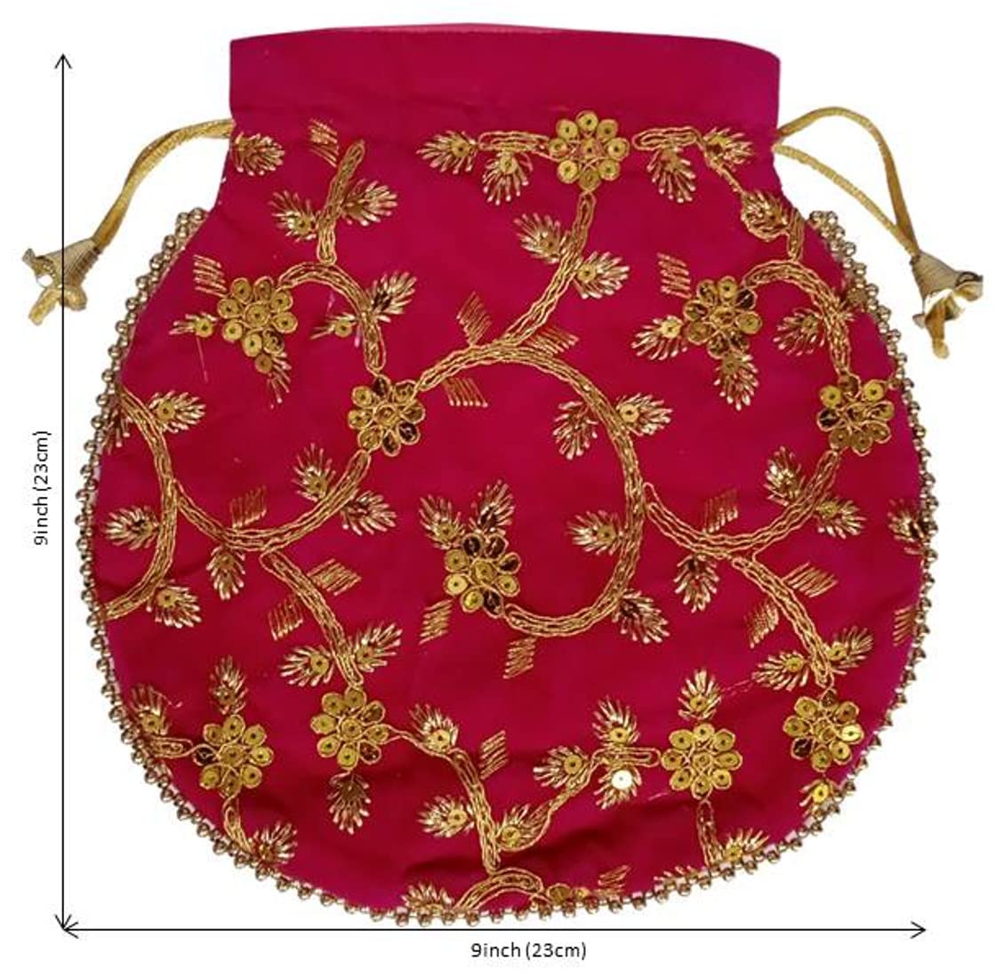 Purpledip Chenille Potli Bag (Clutch, Drawstring Purse): Intricate Gold Thread & Sequin Embroidery Satchel For Women, Fushcia Pink (12603A) 3