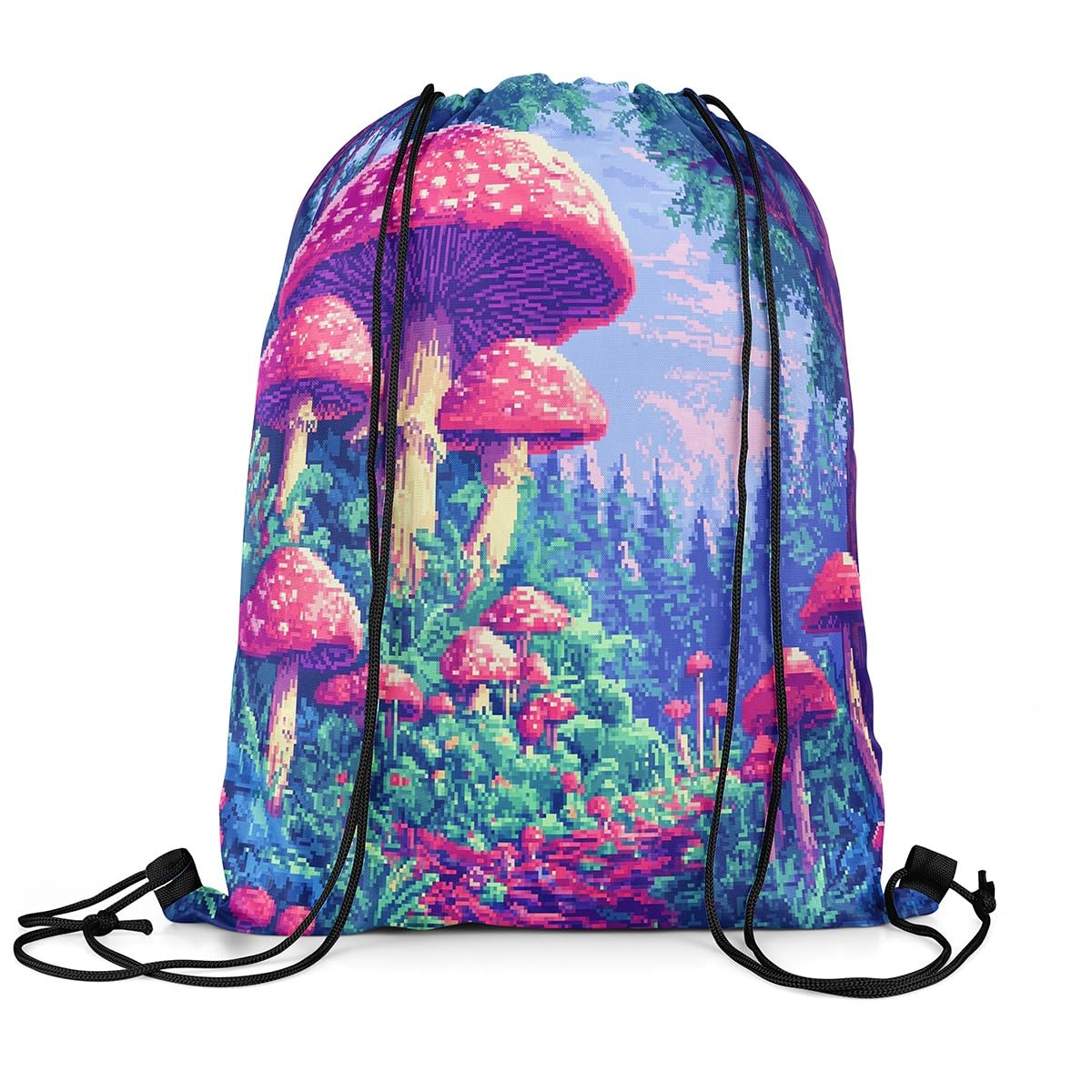 Castle Fairy Trippy Mushroom Drawstring Backpack Pixelated Video Games Sackpack for Beach Swimming Pool Nature Wild Plants Draw String Bags Waterproof Sports Gym