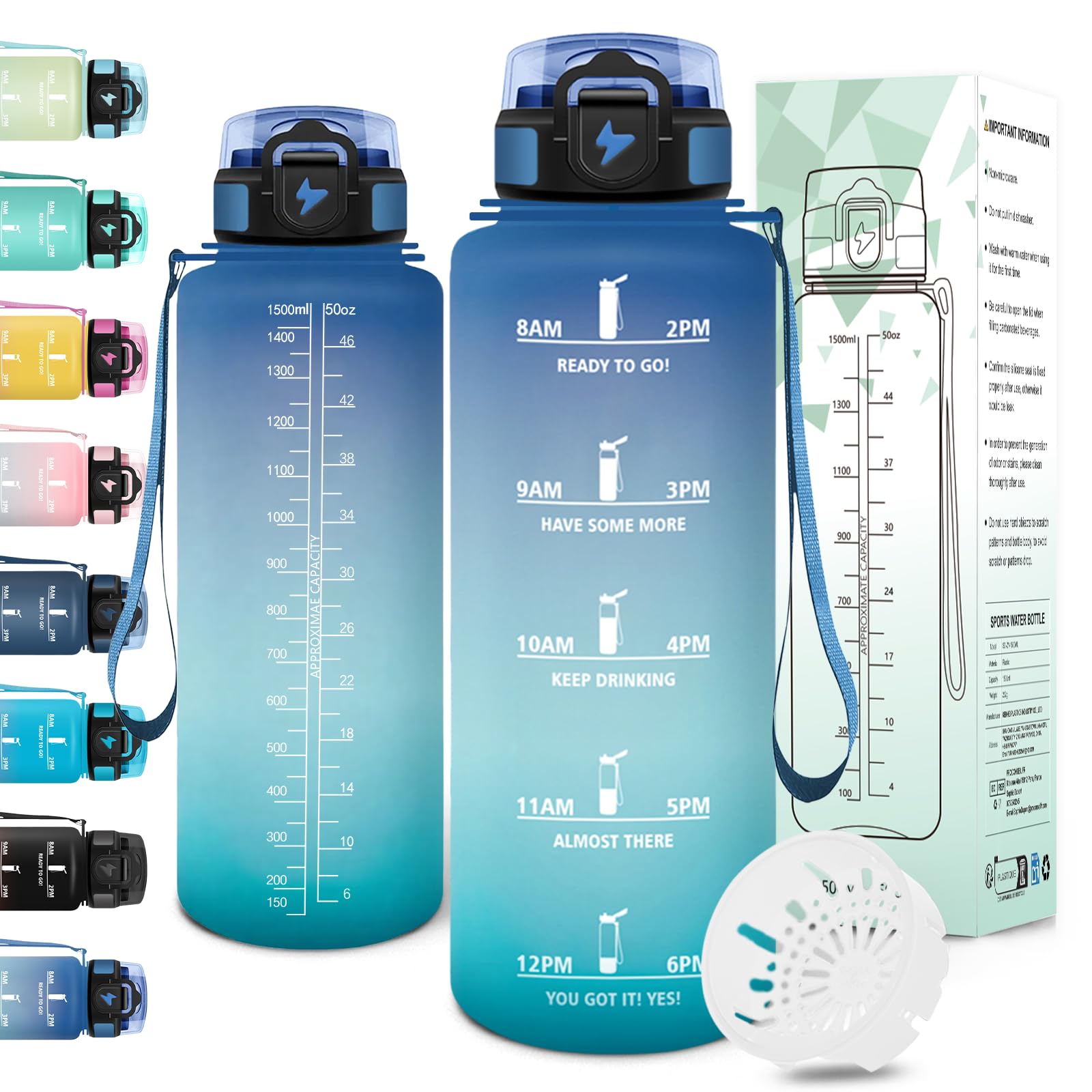 Motswedi Borraccia 1,5 litri, a Prova di Perdite, Borraccia Motivazionale, Riutilizzabile, Bottiglia Acqua, Senza BPA, Borracce, per Palestra, Ufficio, Sport, Ciclismo, Running, Blu Verde