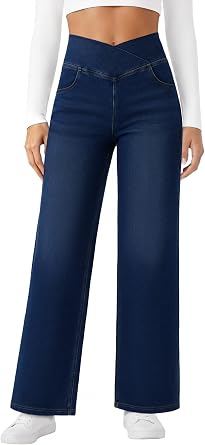 FireSwan Womens Wide Leg Jeans Crossover High Waist Stretchy Denim Pants