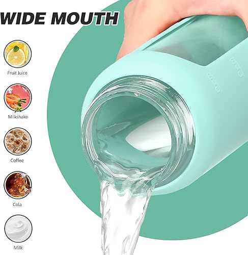 Miniatura 5 de Botella de agua de vidrio de 32 onzas con popote y 2 tapas, bambú y tapa de boquilla, botella de agua deportiva motivacional con funda de silicona y