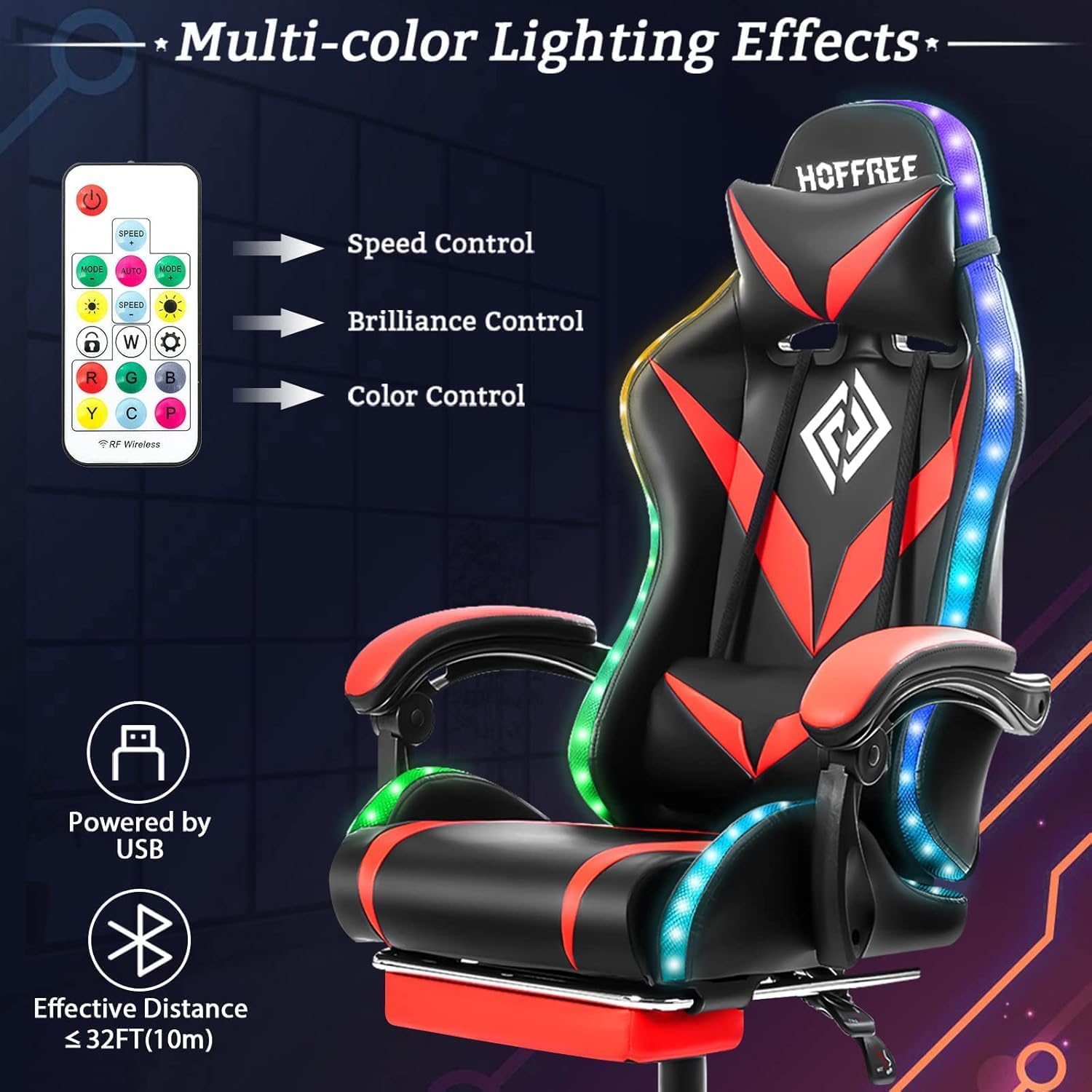 RGB Gaming Chair with Massage and LED Lights Ergonomic Computer Chair with Footrest High Back Video Game Chair with Adjustable Lumbar Support Linkage Armrest Red and Black