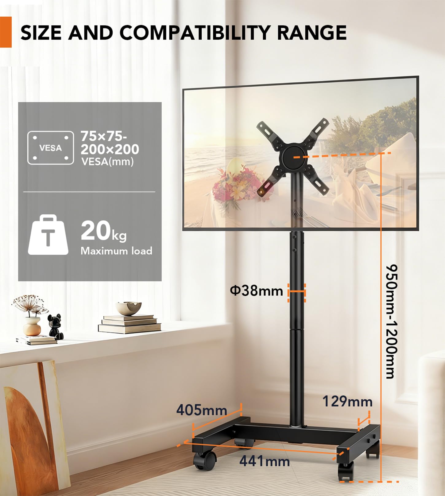 HEMUDU TV Ständer Rollbar für 13-50 Zoll Fernseher Bildschirme, fernsehständer auf Rollen, TV Standfuss bis zu 20 kg, TV Bodenständer with Max VESA 200x200