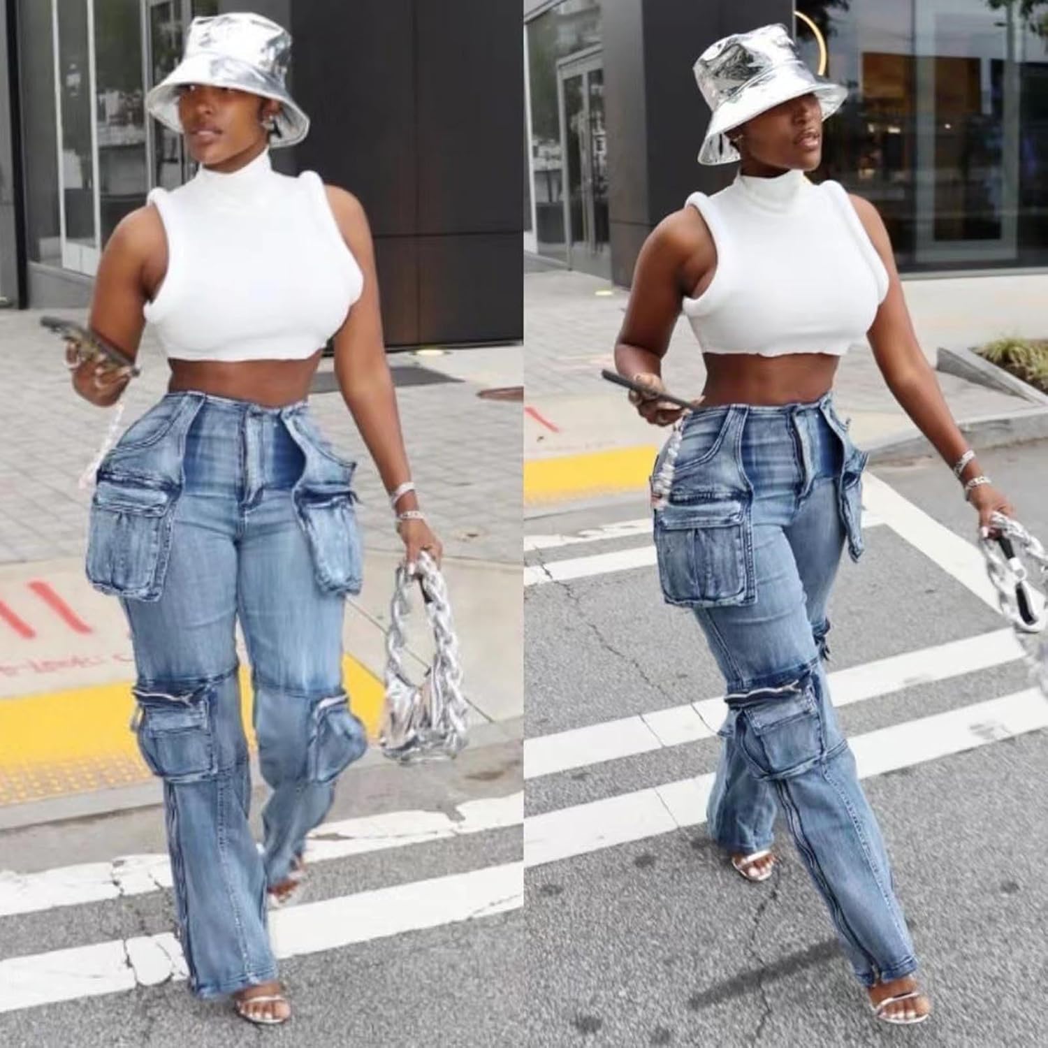Ryehack Jeans Cargo Pants for Women Y2K Straight Leg Side Zipper Denim Pants with Pockets Stretch Jeans Streetwear - Image 6