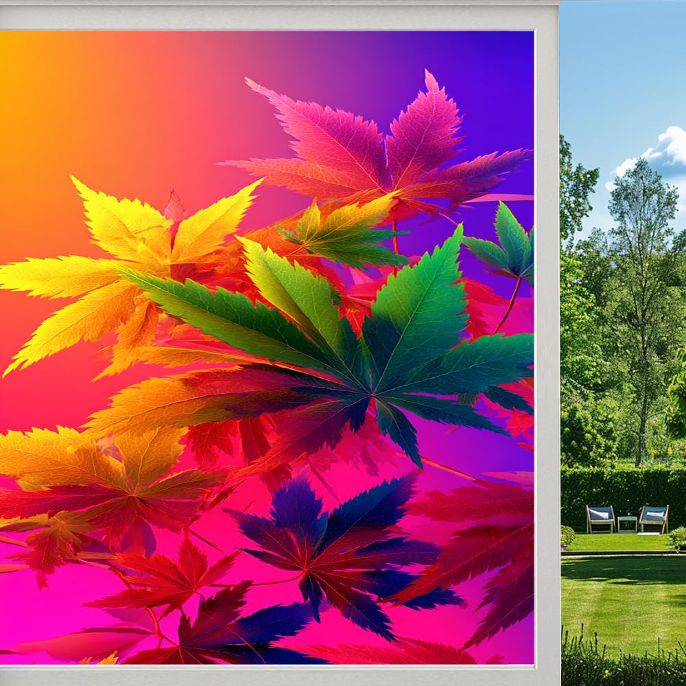 Pmlbaous Colorful Maple Leaves Frosted Window Film, Natural Plant Autumn Leaf Stained Glass Privacy Film, Heat Insulation Self-Adhesive Vinyl For Bathroom Office, （45X60cm）