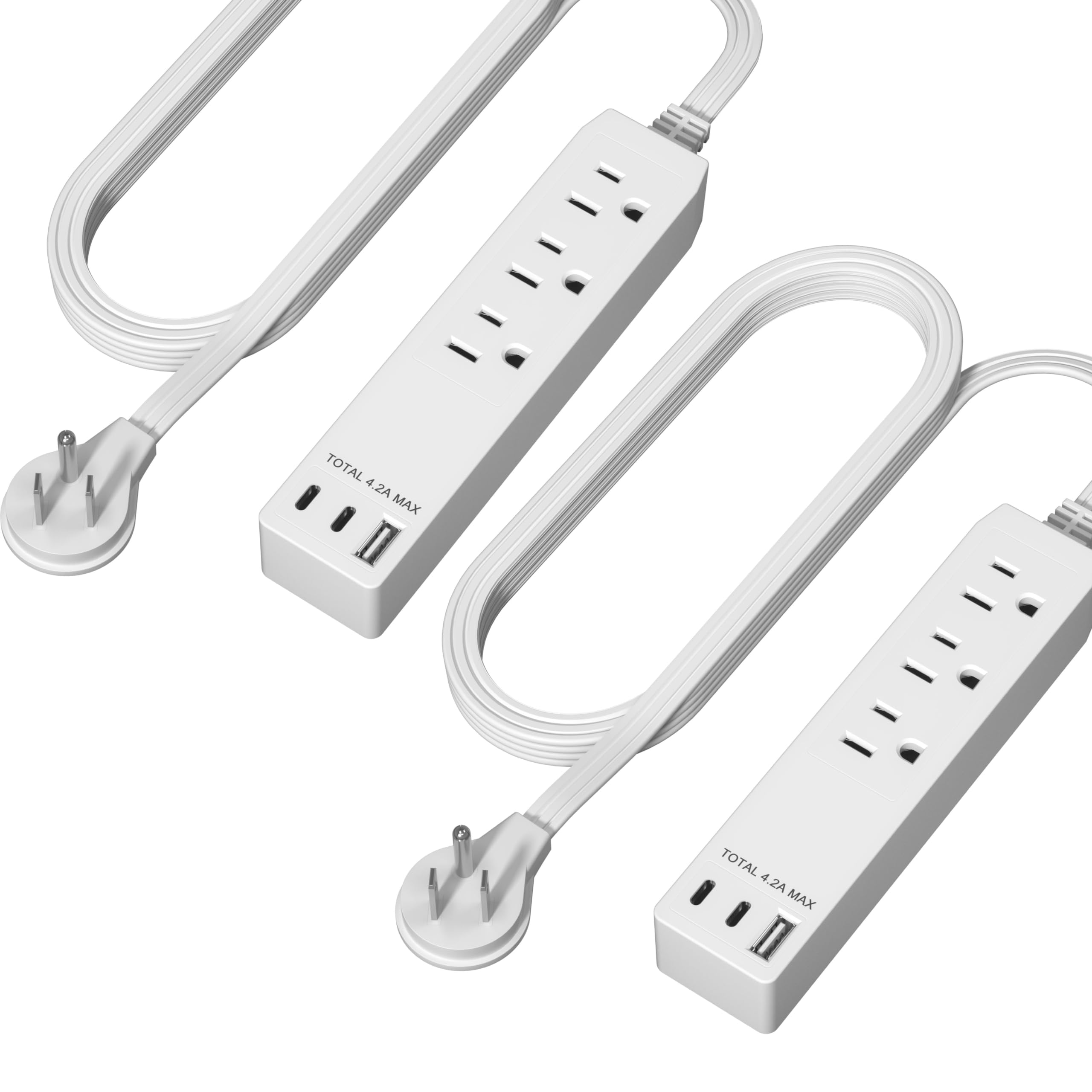 LIDER Outlet Extender with 3 Receptacles, USB Type-A, and 2 USB Type-C Port, Ultra-Thin Flat-Plug with Cord Extender, 3-Outlet Power Strip, Slim Angled Design, 5ft Cord, UL-Listed, White, 2 Pack
