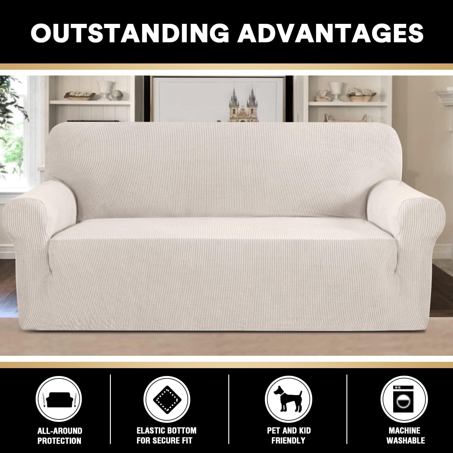PrinceDeco Stretch Sofa Cover Slipcover Couch Covers for 3 Cushion Couch Furniture Protector Sofa Covers with Non Slip Elastic Bottom Dogs Pet Friendly Fitted (Sofa, Ivory)