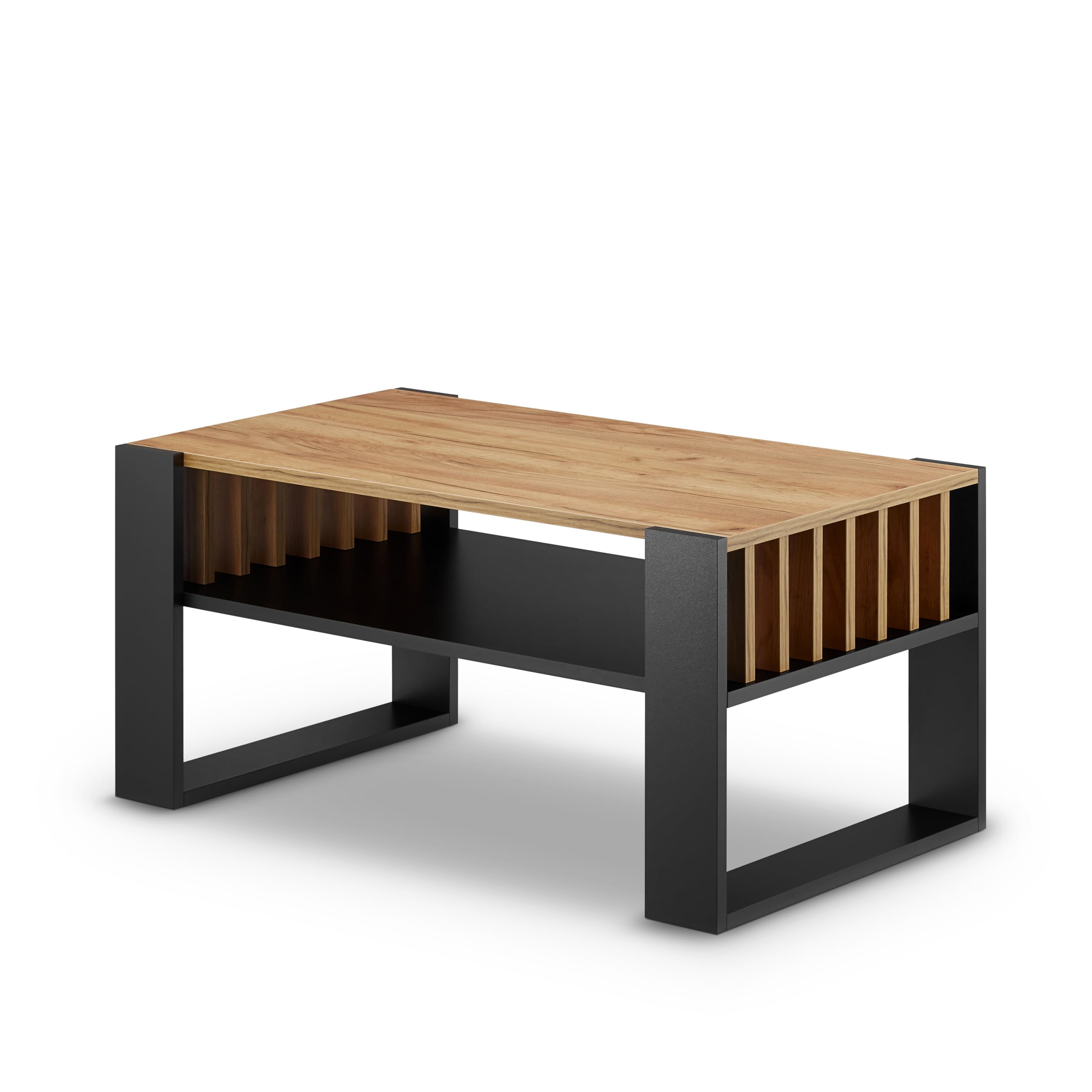 defiPad® Nowoczesny stolik kawowy z lammelami, szerokość 92 cm, duży stół do salonu, dąb | lity i stabilny | kolor czarny