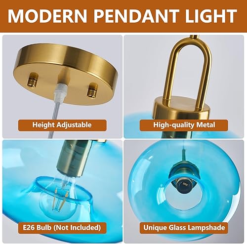 Miniatura 7 de Light Blue Glass Pendant Lights Kitchen Island Gold Pendant Light Fixtures Adjustable Height Modern Pendant Lighting for Bedroom Dining Room (1-Pack)