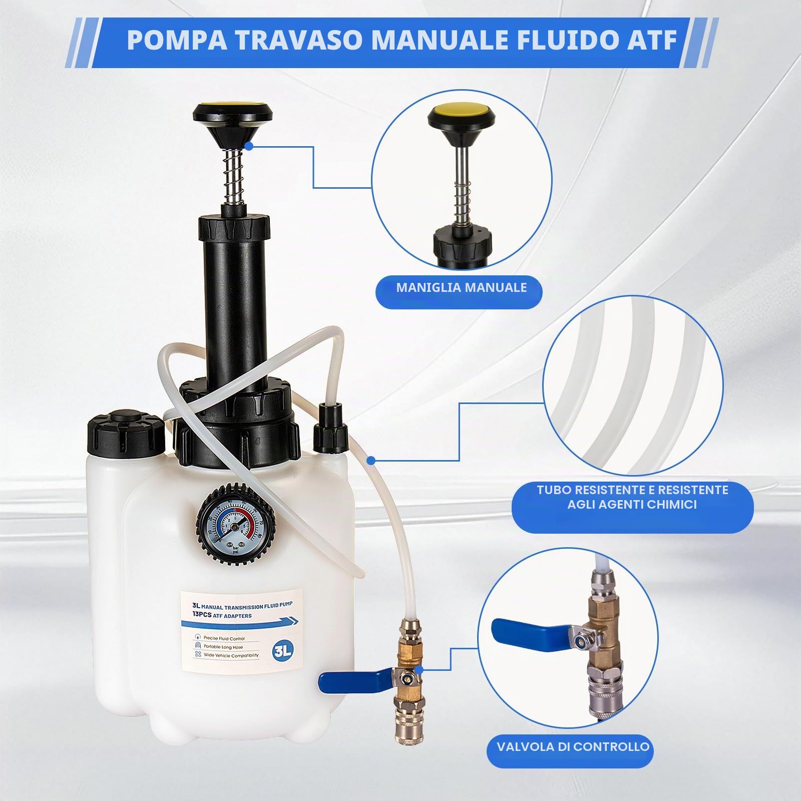 Pompa Fluido Trasmissione 3L Pompa di riempimento Trasmissione con 12 adattatori ATF, Pompa di trasferimento Fluido Trasmissione Manuale con manometro, Pompa di trasferimento Olio Cambio