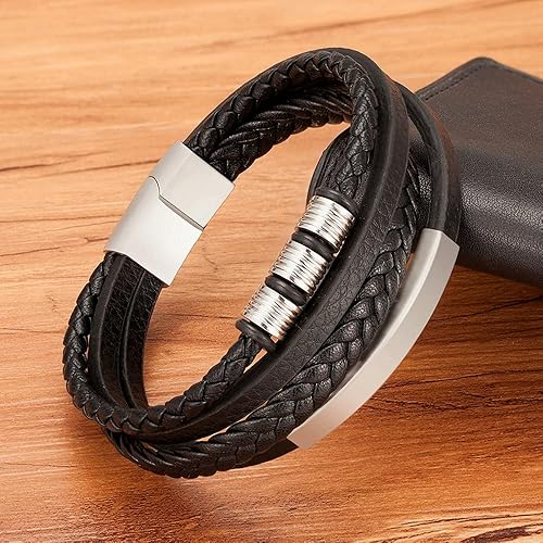 Miniatura 3 de Hoigblxy Stainless Steel Handmade Leather Bracelet For Men Magnetic Clasp Classic Multi-layer Men Leather Bracelet Jewelry Gift Length 8.26 inch
