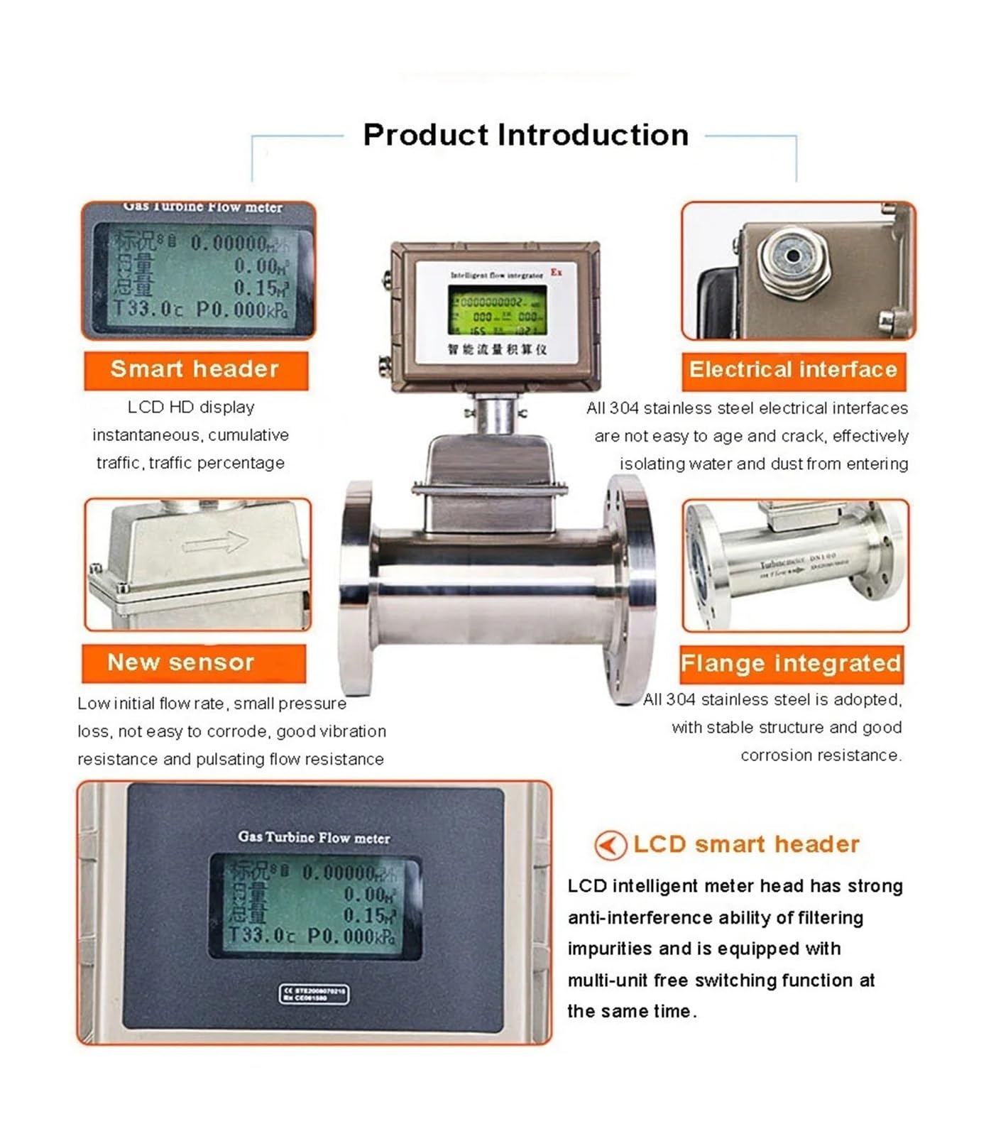 Caudalímetro de turbina de gas inteligente con pantalla LCD, caudalímetro de gas natural licuado de acero inoxidable Garantizar la estabilidad(DN65)