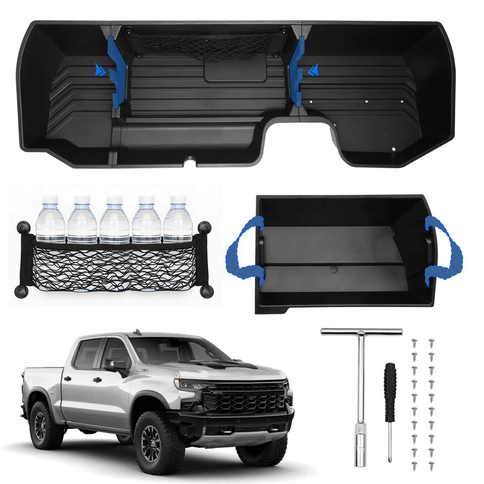 Detachable Under Seat Storage for 2019-2025 2026 Chevy Silverado/GMC Sierra 1500 2500HD 3500HD, Durable ABS Rear Underseat Organizer Box 6PCS Kit with Mesh Pocket & Inner Bin, Silverado Accessories